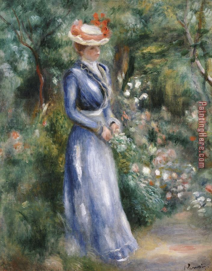 Pierre Auguste Renoir Woman in a Blue Dress Standing in the Garden at Saint-Cloud